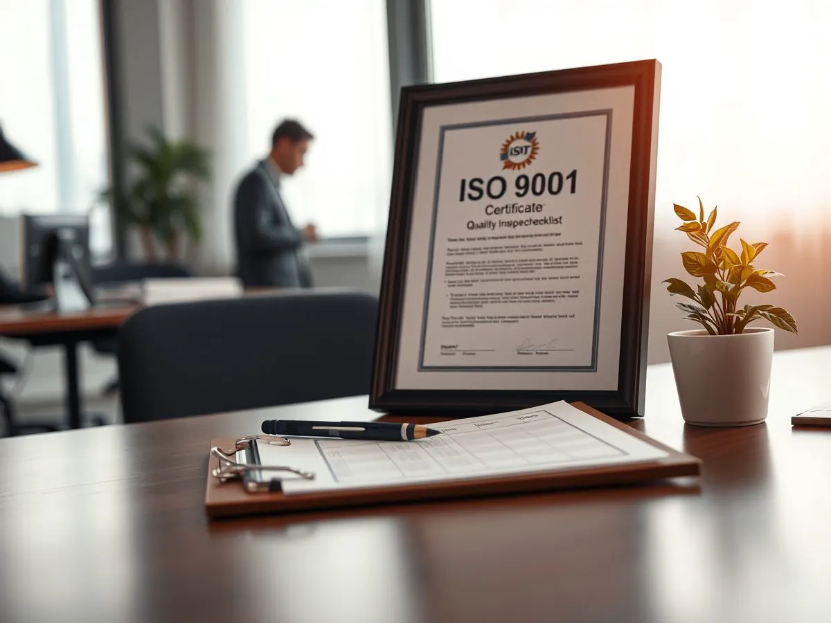 ISO 9001质量管理体系认证证书与质量检查清单摆放在办公桌上